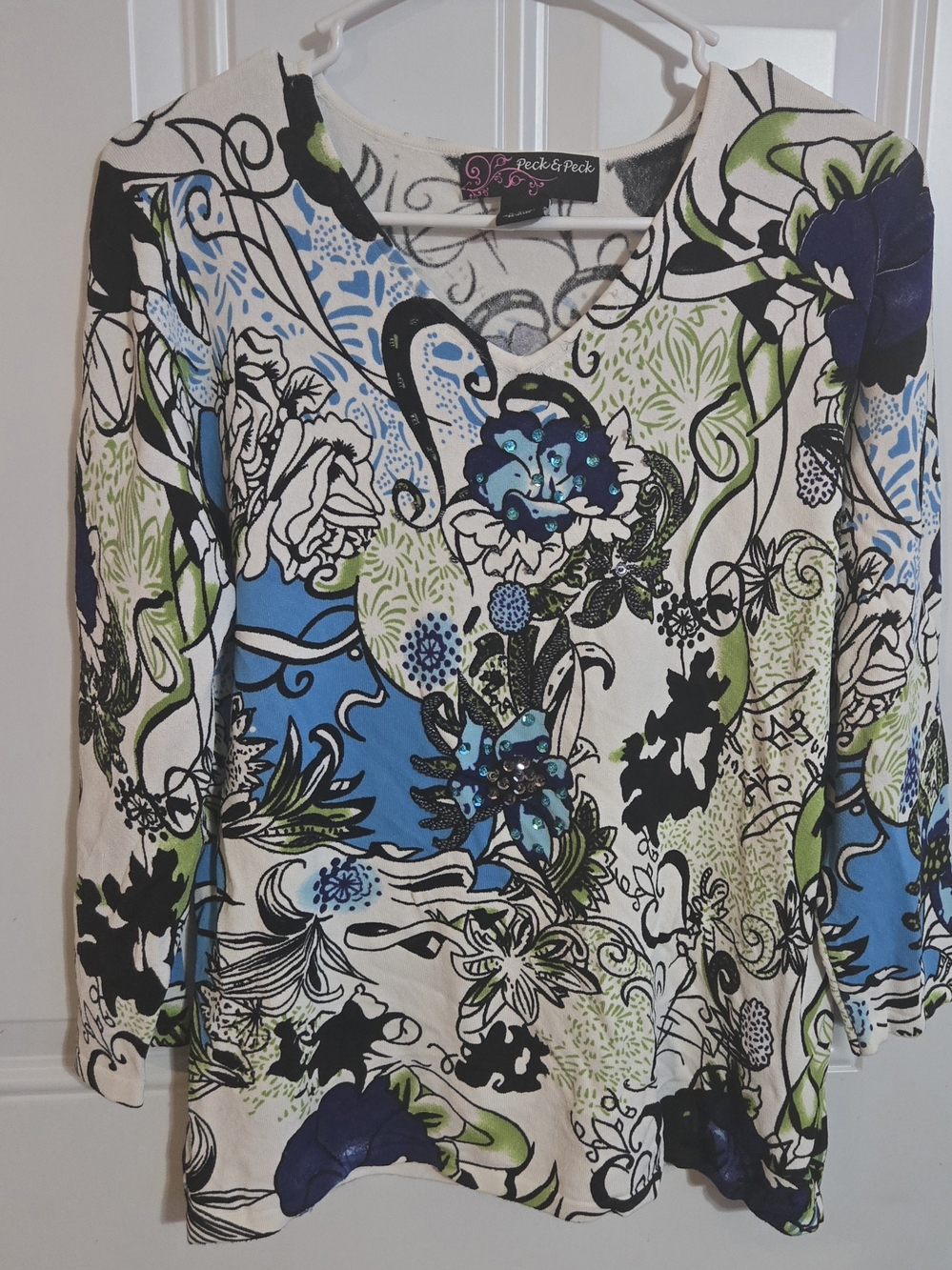 Peck & Peck Blue, Green & Black Floral V-Neck Long Sleeve Top